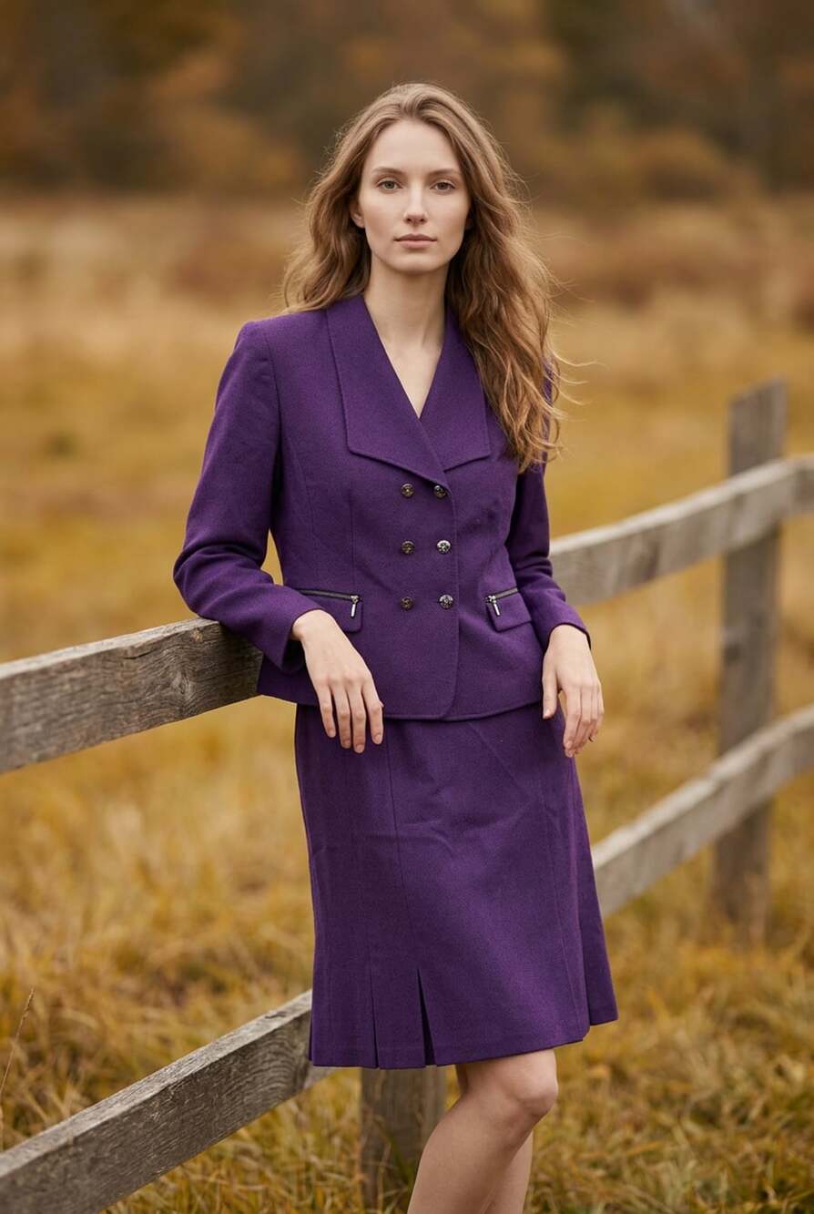 Tahari Arthur S. Levine Purple Tweed Double Breasted Blazer and Skirt Suit Set